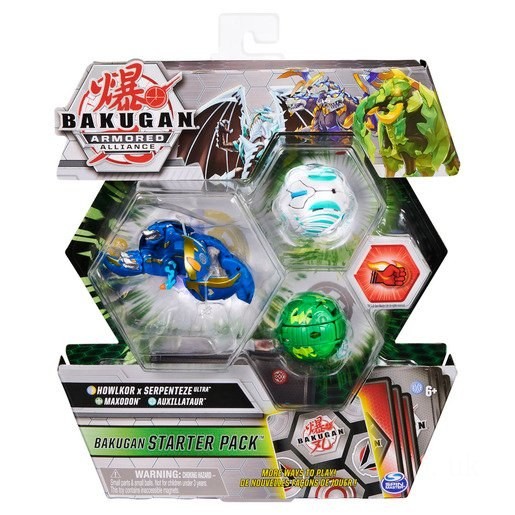Bakugan Armored Alliance Starter Pack Trading Card and Figures - Fused Howlkor x Serpenteze, Maxodon and Auxillataur FFBK4968 - on Sale
