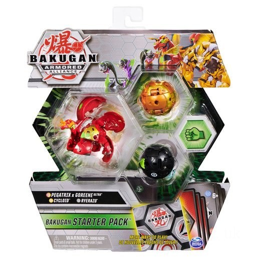 Bakugan Armored Alliance Starter Pack Trading Card and Figures - Fused Pegatrix x Goreene, Cycloid and Ryerazu FFBK4971 - on Sale
