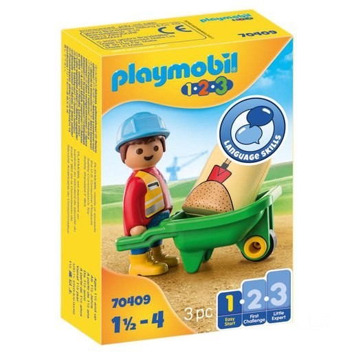 Playmobil 70409 1.2.3 Construction Worker with Wheelbarrow Playset FFPB5039 - Clearance Sale