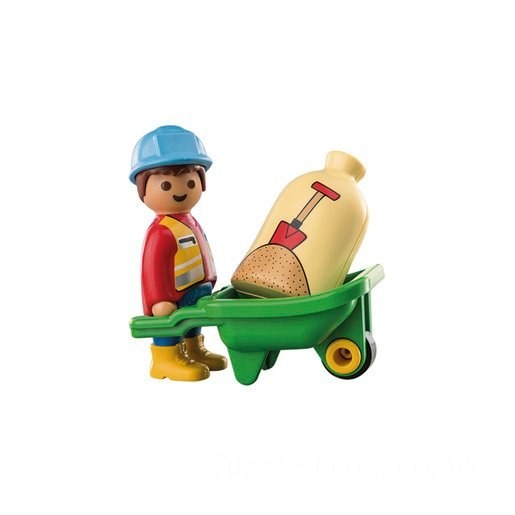 Playmobil 70409 1.2.3 Construction Worker with Wheelbarrow Playset FFPB5039 - Clearance Sale